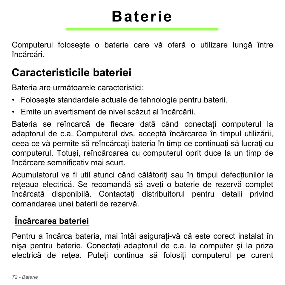 Baterie, Caracteristicile bateriei, Încărcarea bateriei | Acer Aspire V5-551G User Manual | Page 2256 / 3584