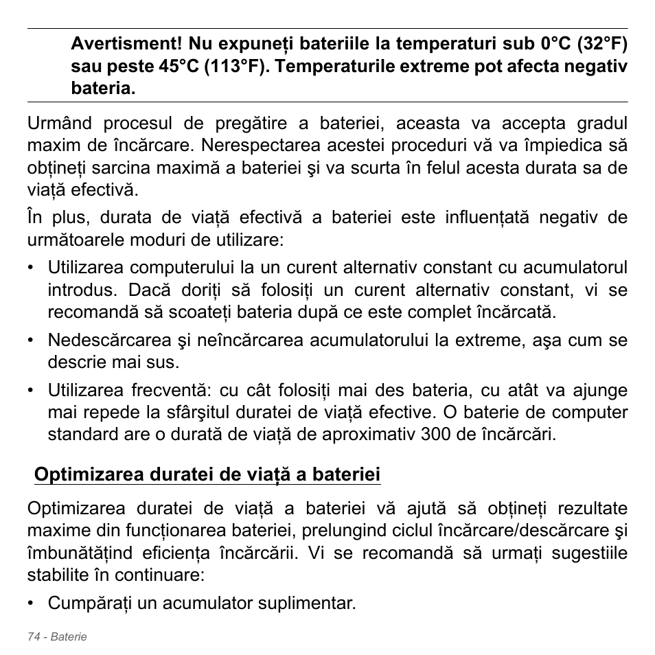 Optimizarea duratei de viaţă a bateriei | Acer Aspire V5-551G User Manual | Page 2258 / 3584