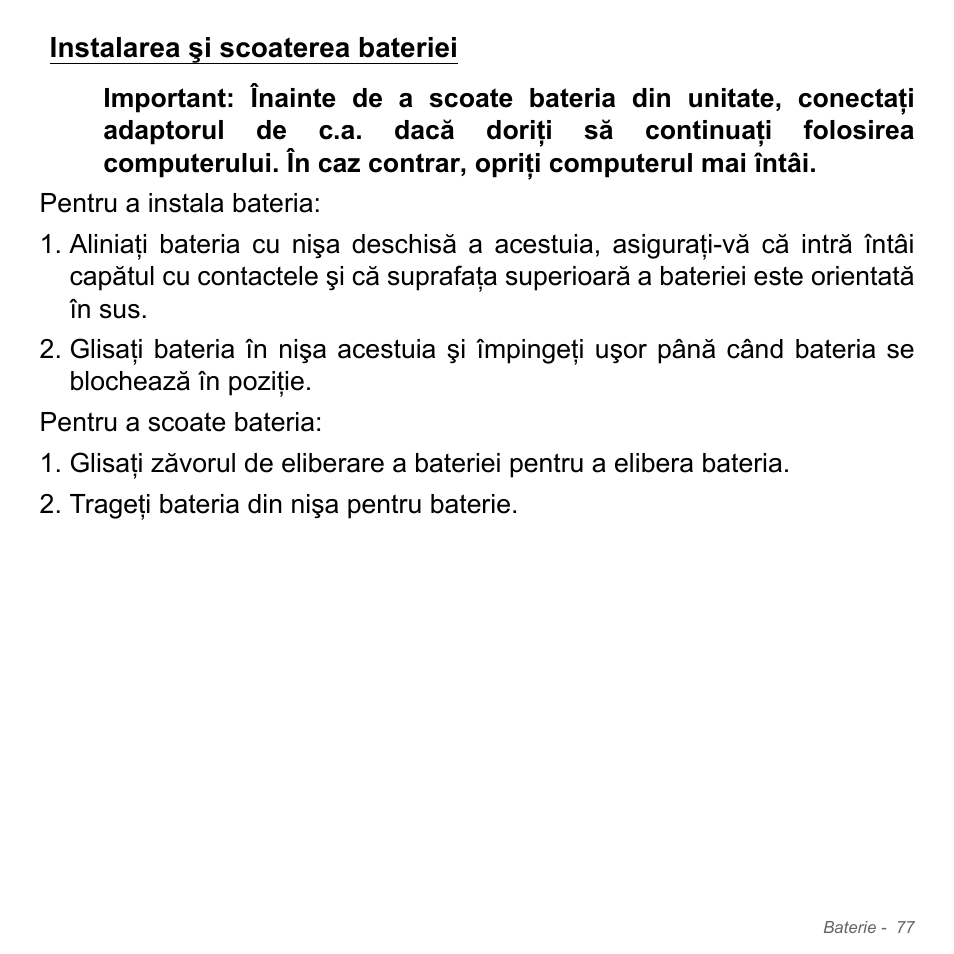 Instalarea şi scoaterea bateriei | Acer Aspire V5-551G User Manual | Page 2261 / 3584