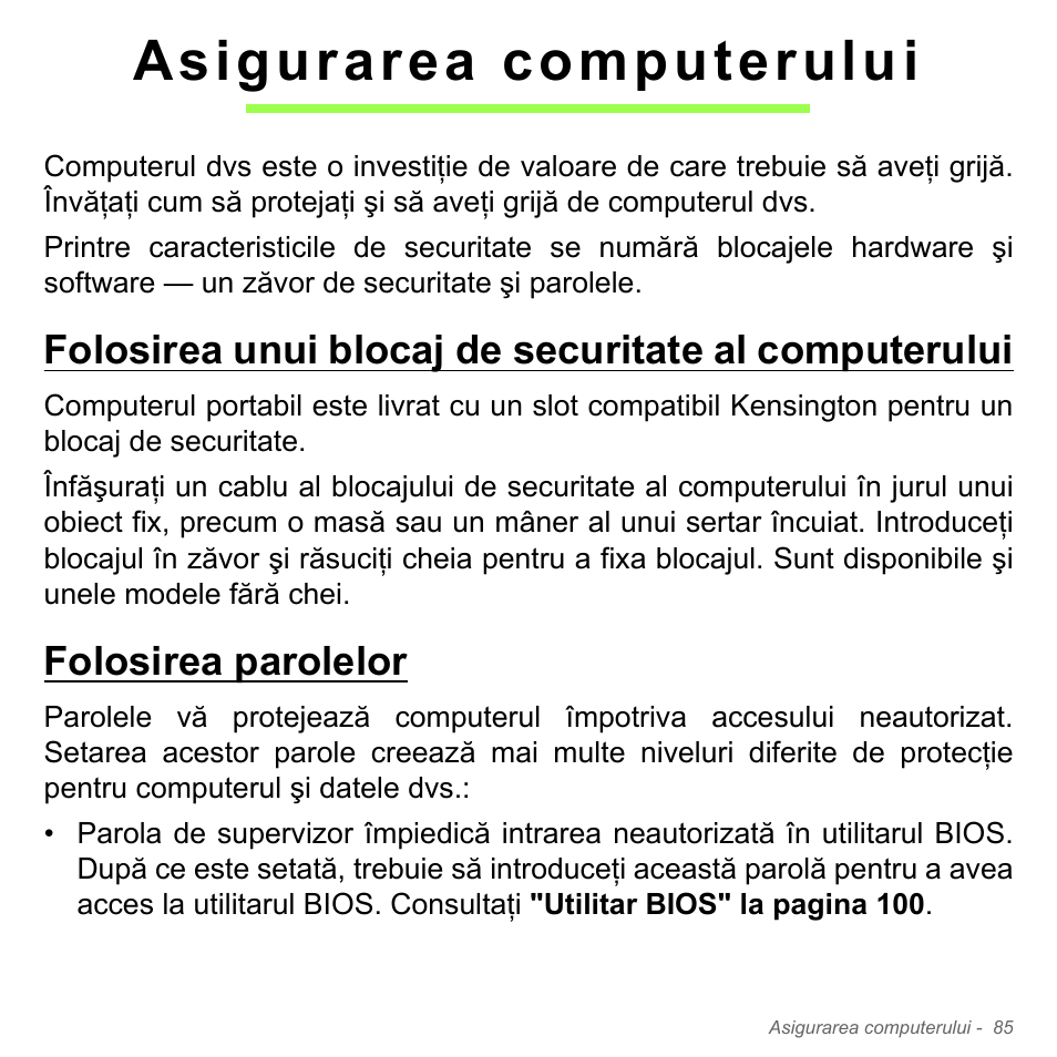 Asigurarea computerului, Folosirea parolelor | Acer Aspire V5-551G User Manual | Page 2269 / 3584