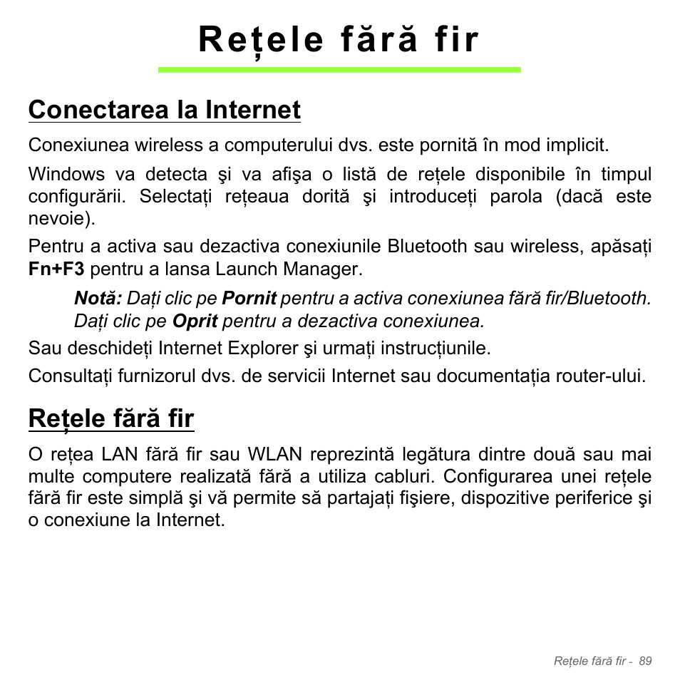 Reţele fără fir, Conectarea la internet, Conectarea la internet reţele fără fir | Acer Aspire V5-551G User Manual | Page 2273 / 3584