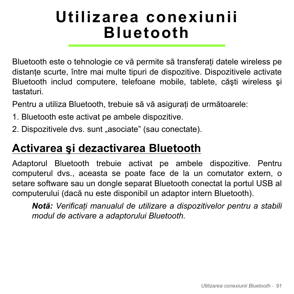 Utilizarea conexiunii bluetooth, Activarea şi dezactivarea bluetooth | Acer Aspire V5-551G User Manual | Page 2275 / 3584