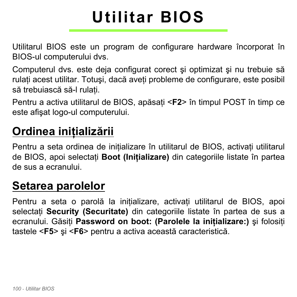 Utilitar bios, Ordinea iniţializării, Setarea parolelor | Ordinea iniţializării setarea parolelor | Acer Aspire V5-551G User Manual | Page 2284 / 3584