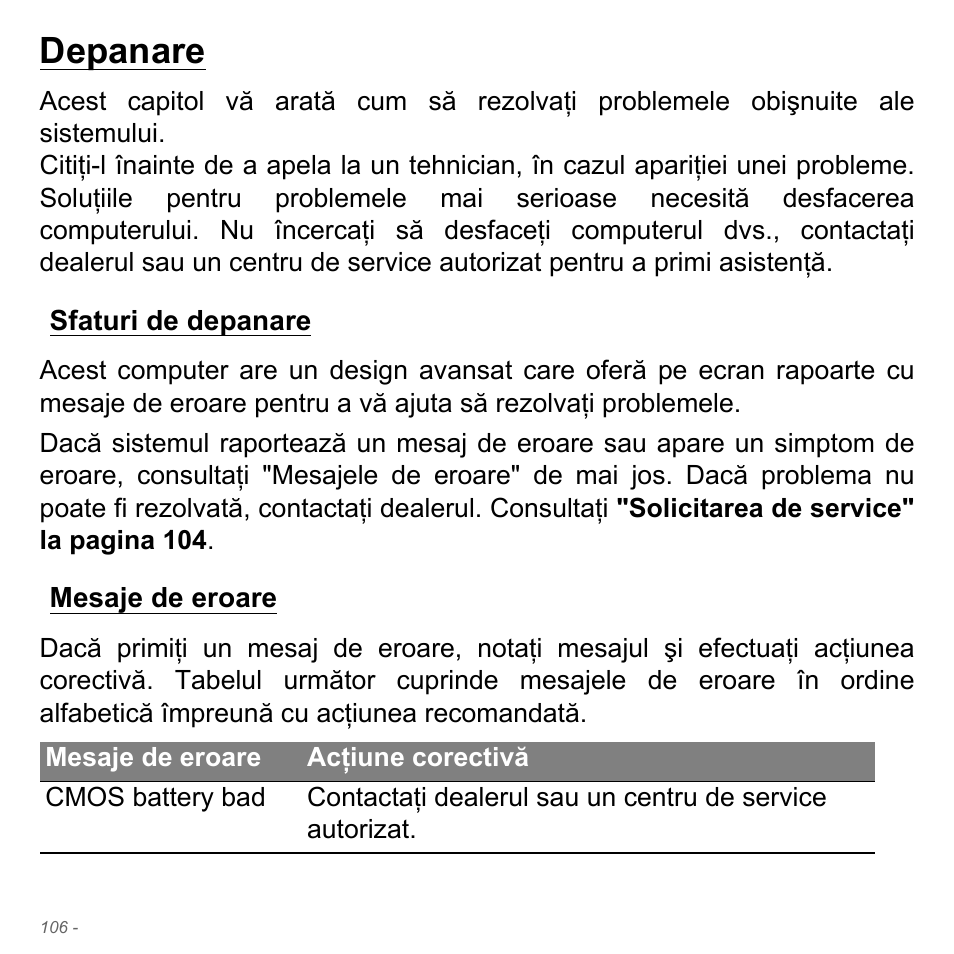 Depanare, Sfaturi de depanare, Mesaje de eroare | Sfaturi de depanare mesaje de eroare | Acer Aspire V5-551G User Manual | Page 2290 / 3584