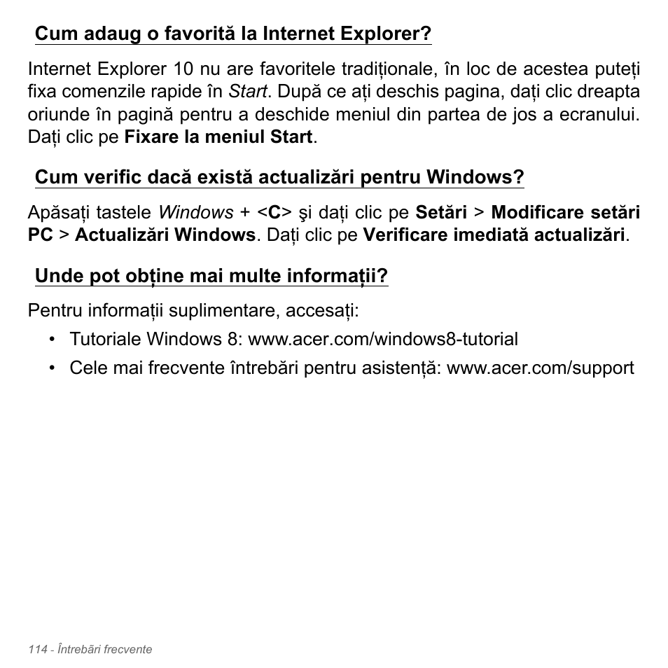 Cum adaug o favorită la internet explorer, Cum verific dacă există actualizări pentru windows, Unde pot obţine mai multe informaţii | Acer Aspire V5-551G User Manual | Page 2298 / 3584