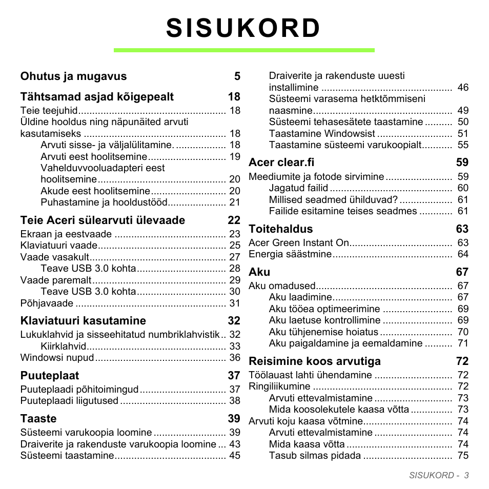 Sisukord | Acer Aspire V5-551G User Manual | Page 2441 / 3584
