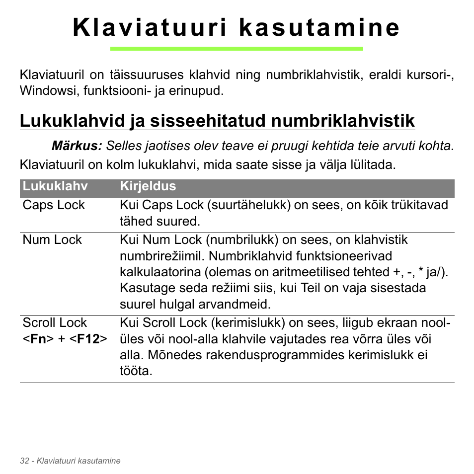 Klaviatuuri kasutamine, Lukuklahvid ja sisseehitatud numbriklahvistik | Acer Aspire V5-551G User Manual | Page 2470 / 3584