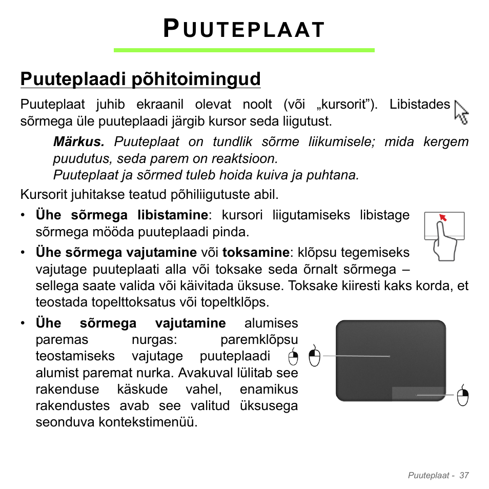 Puuteplaat, Puuteplaadi põhitoimingud, Uuteplaat | Acer Aspire V5-551G User Manual | Page 2475 / 3584