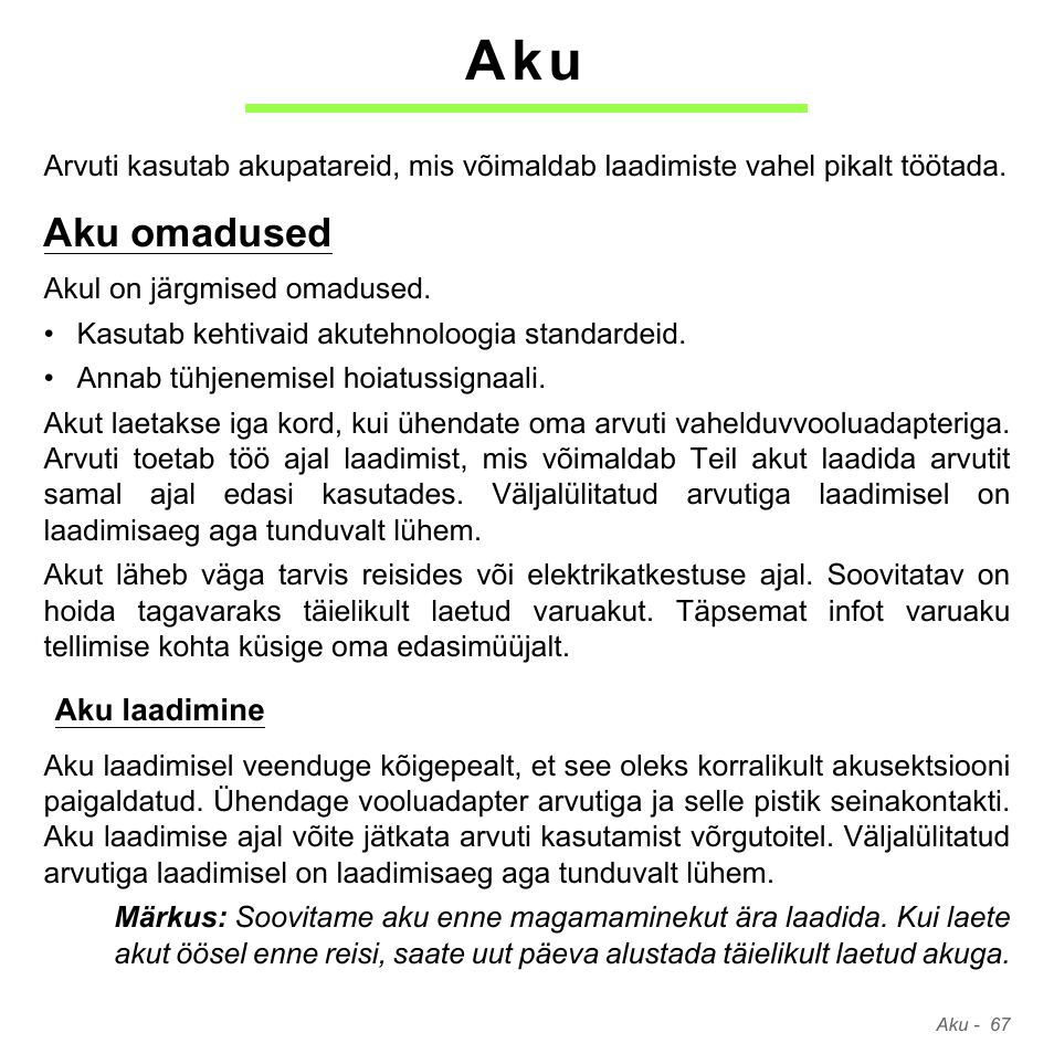 Aku omadused, Aku laadimine | Acer Aspire V5-551G User Manual | Page 2505 / 3584