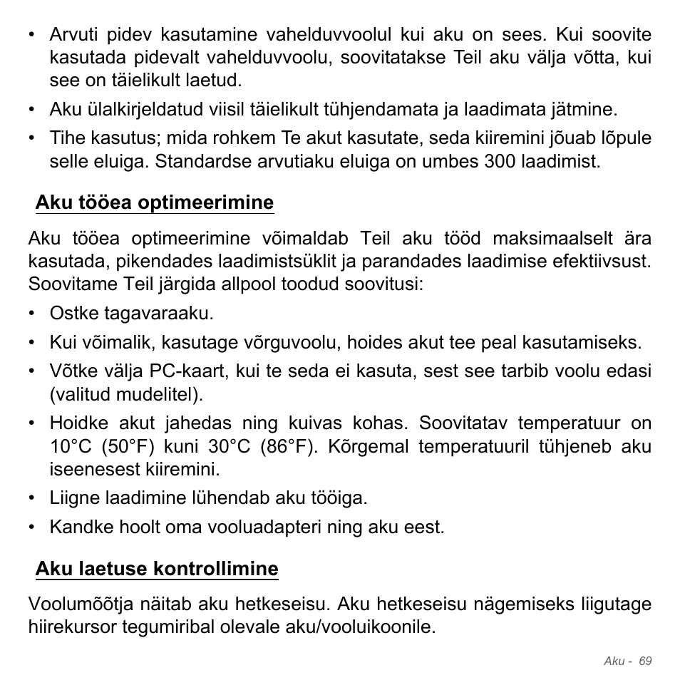 Aku tööea optimeerimine, Aku laetuse kontrollimine, Aku tööea optimeerimine aku laetuse kontrollimine | Acer Aspire V5-551G User Manual | Page 2507 / 3584