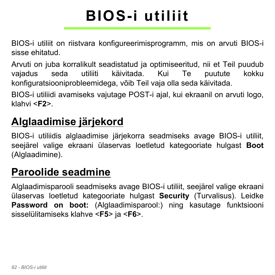 Bios-i utiliit, Alglaadimise järjekord, Paroolide seadmine | Acer Aspire V5-551G User Manual | Page 2530 / 3584