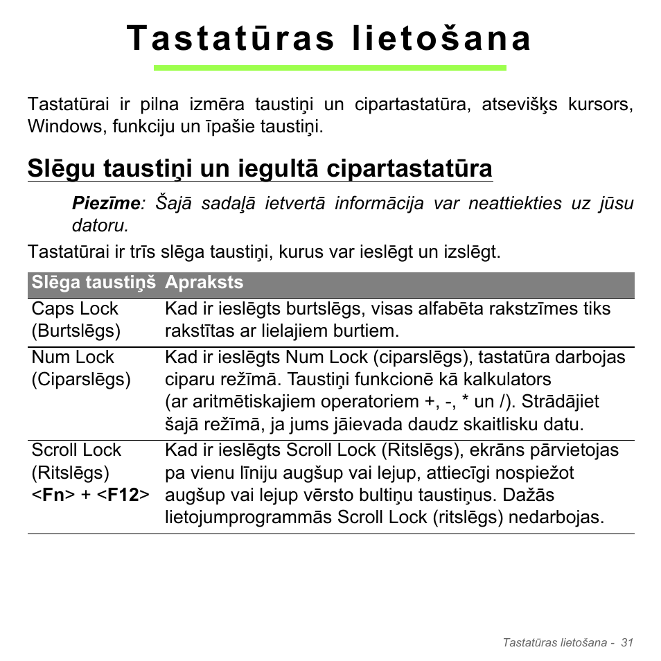 Tastatūras lietošana, Slēgu taustiņi un iegultā cipartastatūra | Acer Aspire V5-551G User Manual | Page 2583 / 3584