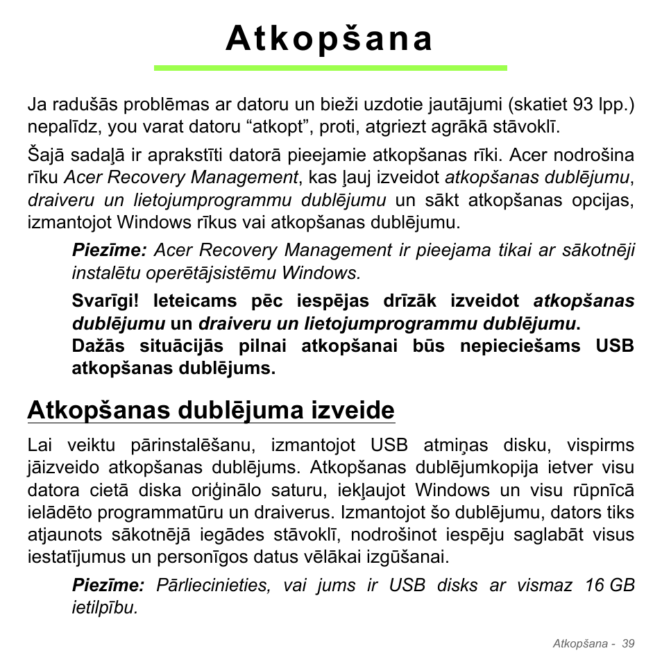 Atkopšana, Atkopšanas dublējuma izveide | Acer Aspire V5-551G User Manual | Page 2591 / 3584