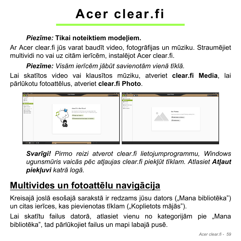 Acer clear.fi, Multivides un fotoattēlu navigācija | Acer Aspire V5-551G User Manual | Page 2611 / 3584