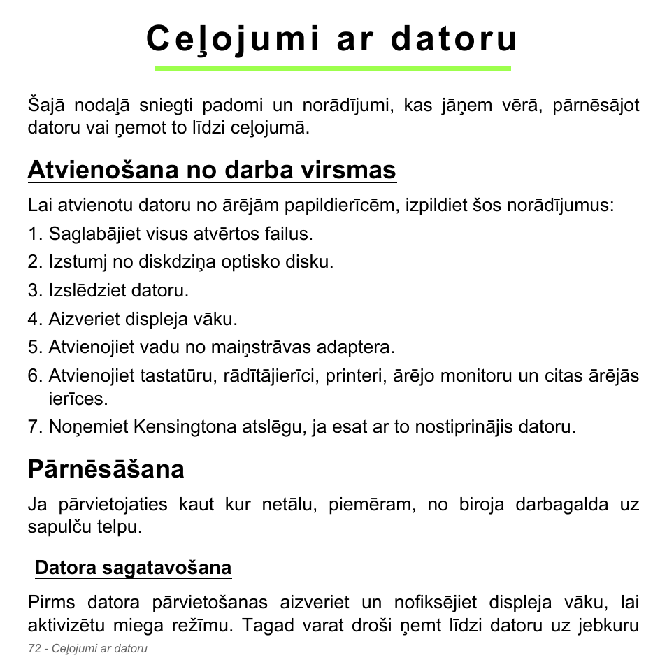 Ceļojumi ar datoru, Atvienošana no darba virsmas, Pārnēsāšana | Datora sagatavošana, Atvienošana no darba virsmas pārnēsāšana | Acer Aspire V5-551G User Manual | Page 2624 / 3584