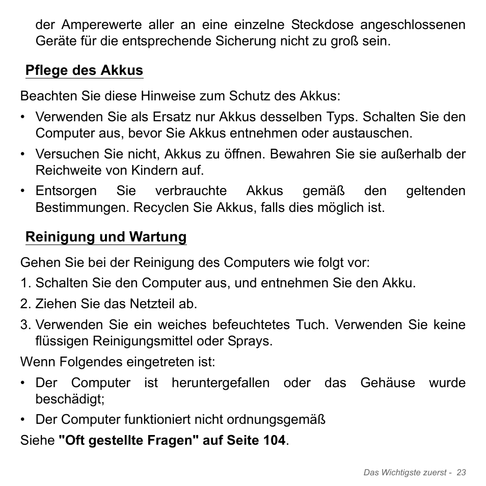 Pflege des akkus, Reinigung und wartung, Pflege des akkus reinigung und wartung | Acer Aspire V5-551G User Manual | Page 263 / 3584