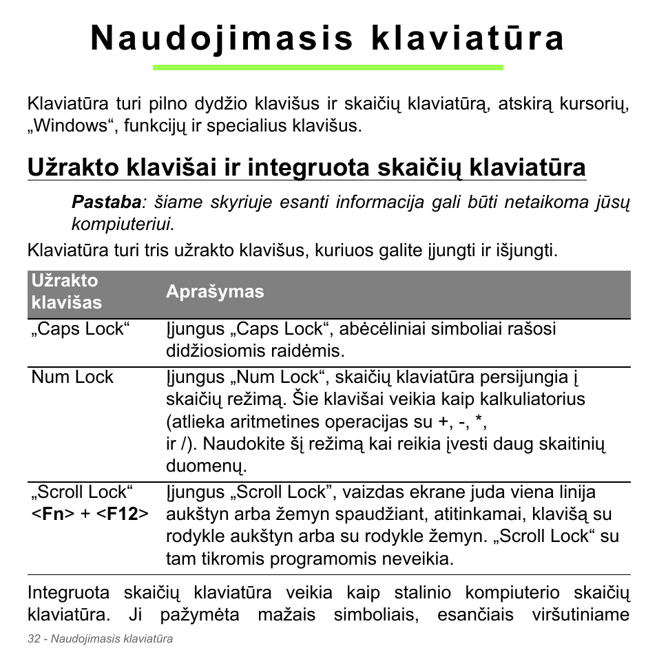 Naudojimasis klaviatūra, Užrakto klavišai ir integruota skaičių klaviatūra | Acer Aspire V5-551G User Manual | Page 2698 / 3584