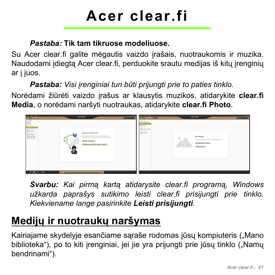 Acer clear.fi, Medijų ir nuotraukų naršymas | Acer Aspire V5-551G User Manual | Page 2727 / 3584