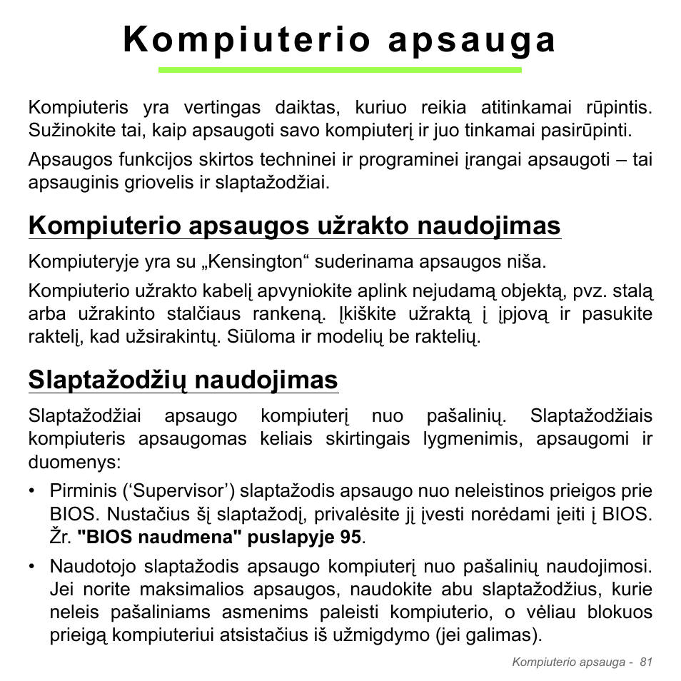 Kompiuterio apsauga, Kompiuterio apsaugos užrakto naudojimas, Slaptažodžių naudojimas | Acer Aspire V5-551G User Manual | Page 2747 / 3584