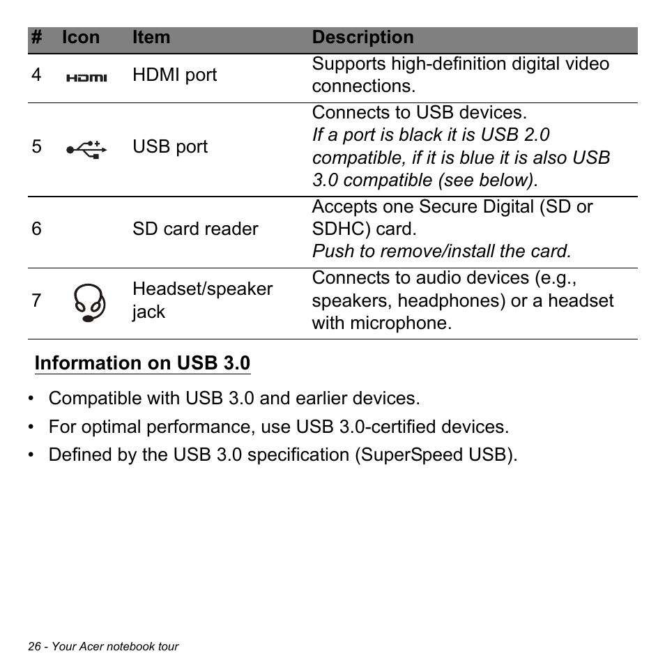 Information on usb 3.0 | Acer Aspire V5-551G User Manual | Page 28 / 3584