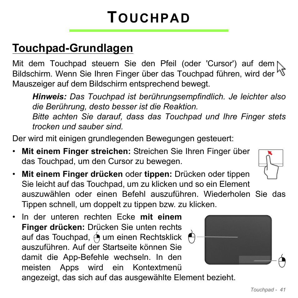 Touchpad, Touchpad-grundlagen, Ouchpad | Acer Aspire V5-551G User Manual | Page 281 / 3584