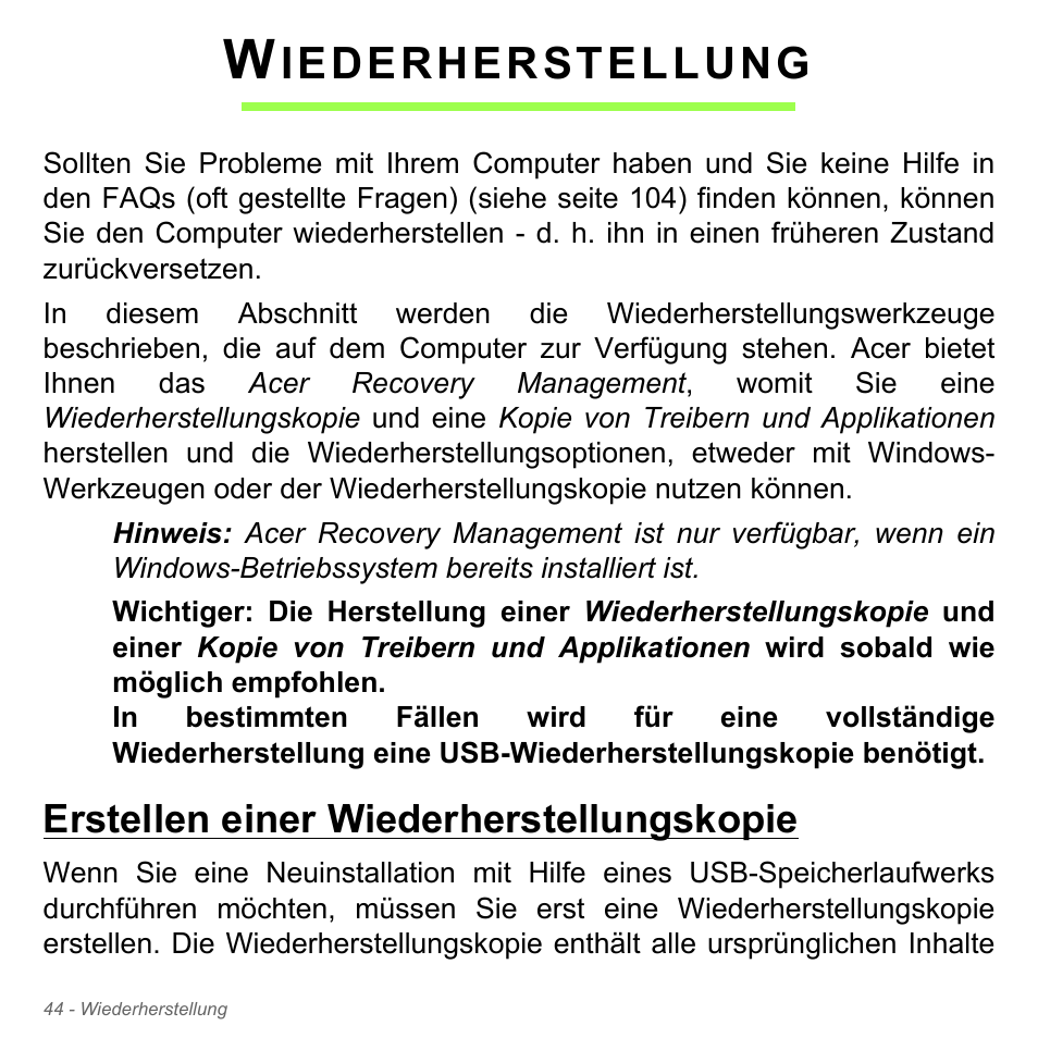 Wiederherstellung, Erstellen einer wiederherstellungskopie, Iederherstellung | Acer Aspire V5-551G User Manual | Page 284 / 3584