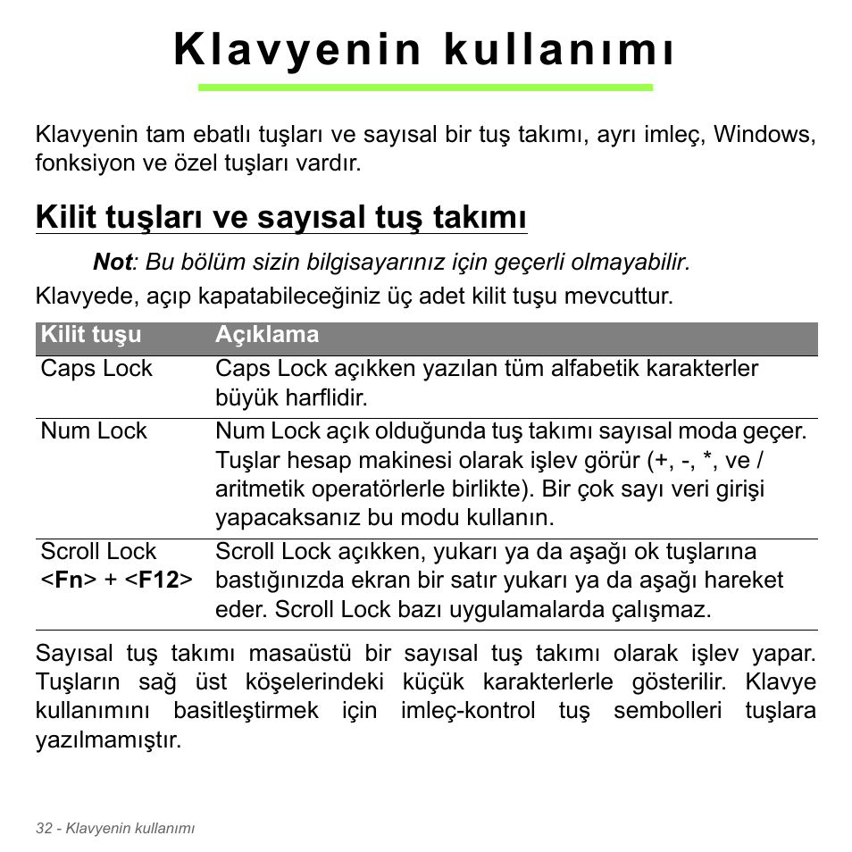 Klavyenin kullanımı, Kilit tuşları ve sayısal tuş takımı | Acer Aspire V5-551G User Manual | Page 2952 / 3584