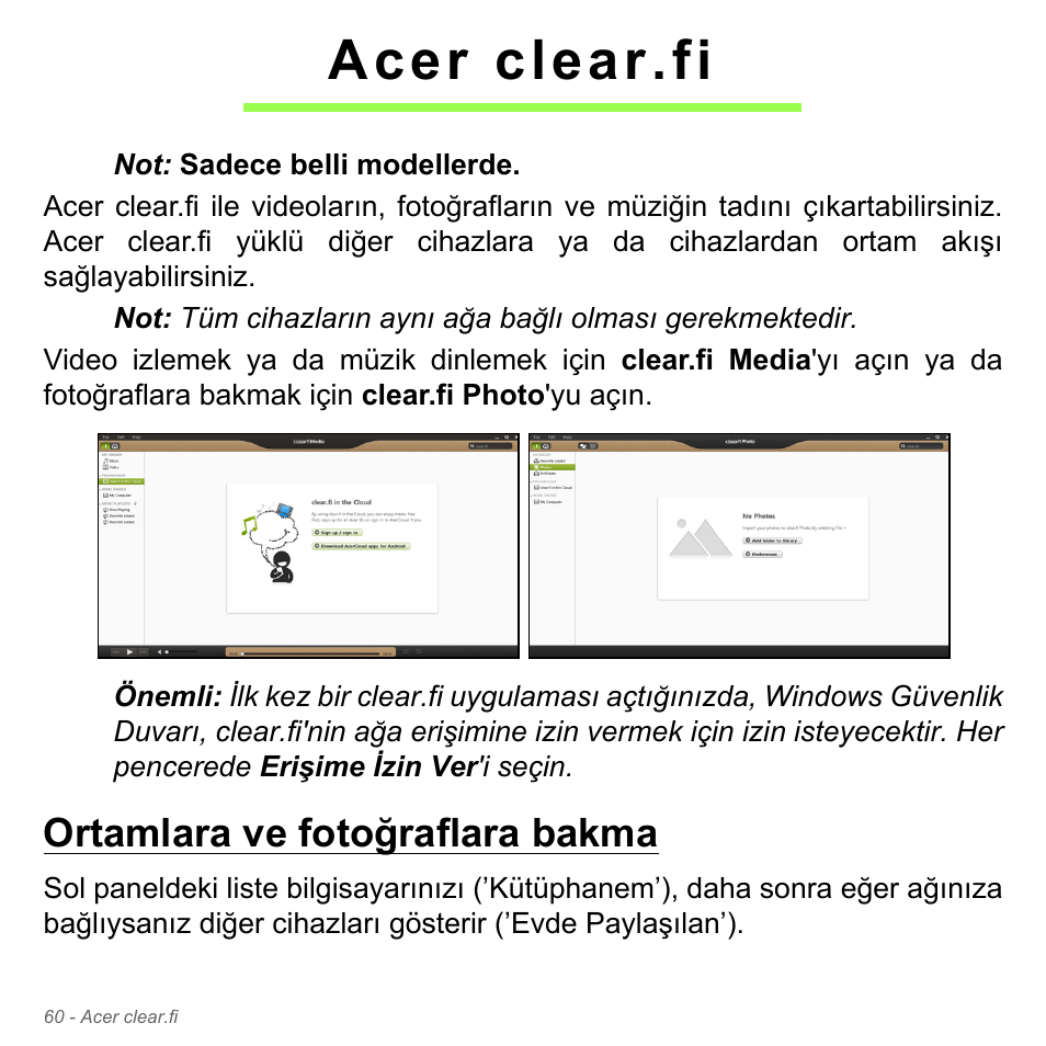 Acer clear.fi, Ortamlara ve fotoğraflara bakma | Acer Aspire V5-551G User Manual | Page 2980 / 3584