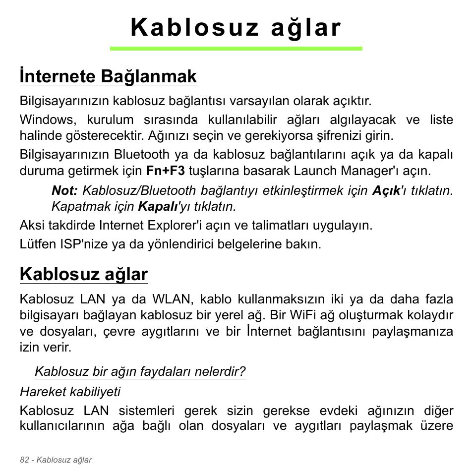 Kablosuz ağlar, Internete bağlanmak, Internete bağlanmak kablosuz ağlar | Acer Aspire V5-551G User Manual | Page 3002 / 3584