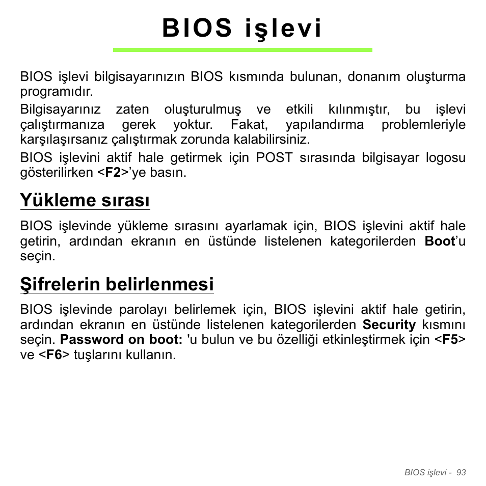 Bios işlevi, Yükleme sırası, Şifrelerin belirlenmesi | Acer Aspire V5-551G User Manual | Page 3013 / 3584