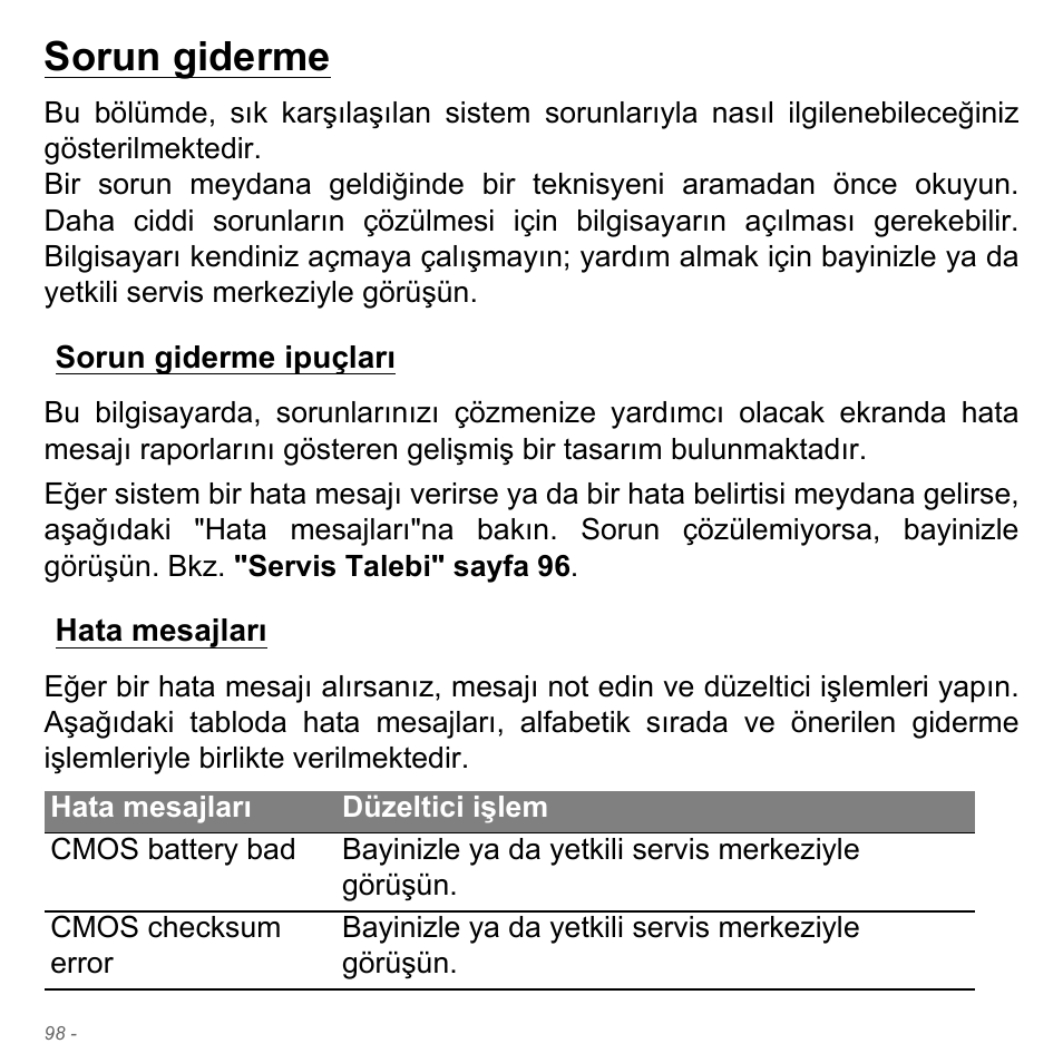 Sorun giderme, Sorun giderme ipuçları, Hata mesajları | Sorun giderme ipuçları hata mesajları | Acer Aspire V5-551G User Manual | Page 3018 / 3584