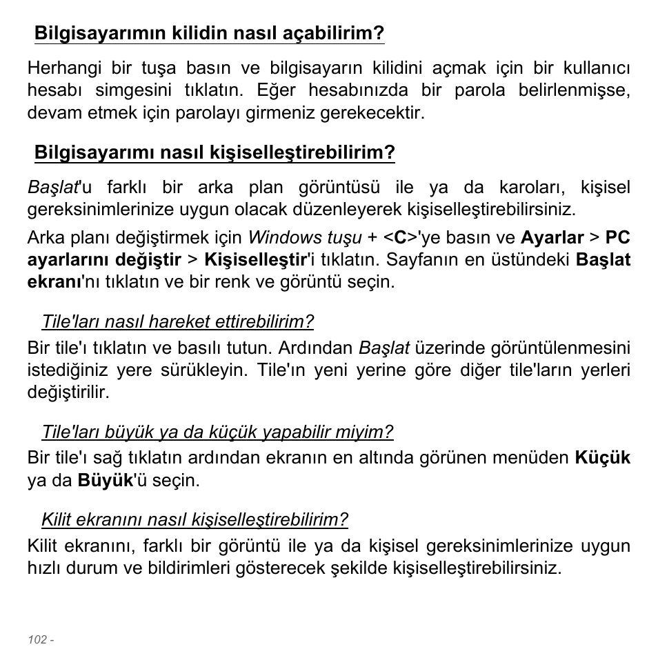 Bilgisayarımın kilidin nasıl açabilirim, Bilgisayarımı nasıl kişiselleştirebilirim | Acer Aspire V5-551G User Manual | Page 3022 / 3584