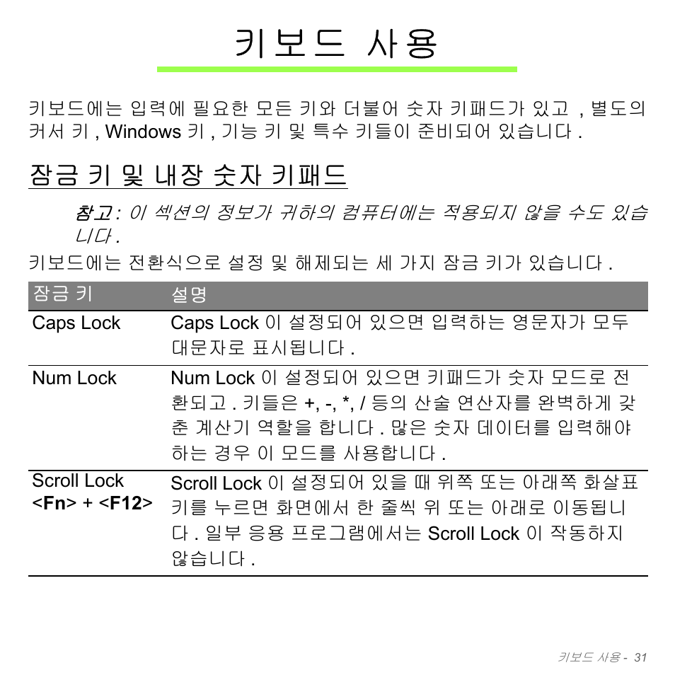 키보드 사용, 잠금 키 및 내장 숫자 키패드, 키 및 내장 숫자 키패드 | 페이지의, 키 보 드 사용 | Acer Aspire V5-551G User Manual | Page 3067 / 3584