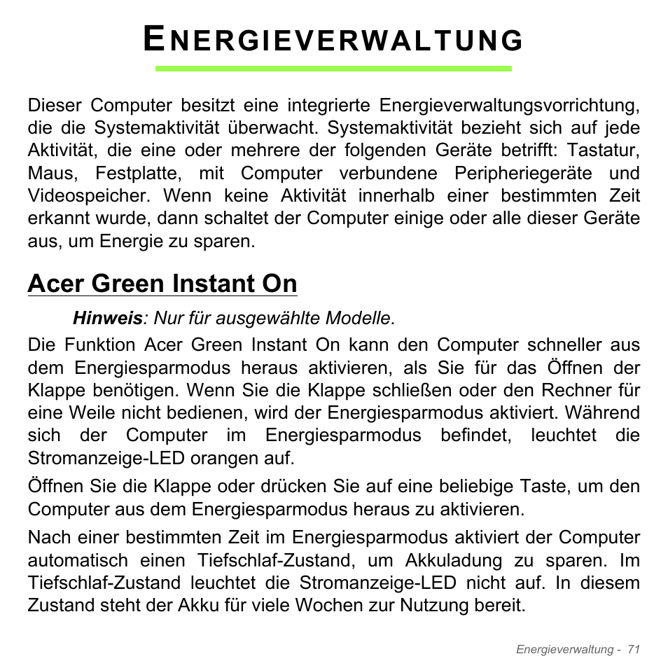 Energieverwaltung, Acer green instant on, Nergieverwaltung | Acer Aspire V5-551G User Manual | Page 311 / 3584