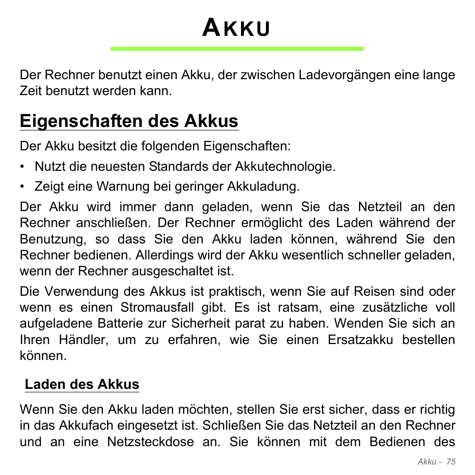 Akku, Eigenschaften des akkus, Laden des akkus | Acer Aspire V5-551G User Manual | Page 315 / 3584