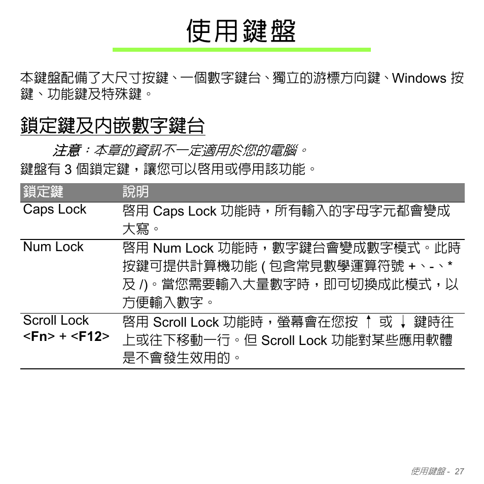 使用鍵盤, 鎖定鍵及內嵌數字鍵台, 頁的 「使用鍵盤 | 使 用 鍵 盤 | Acer Aspire V5-551G User Manual | Page 3173 / 3584