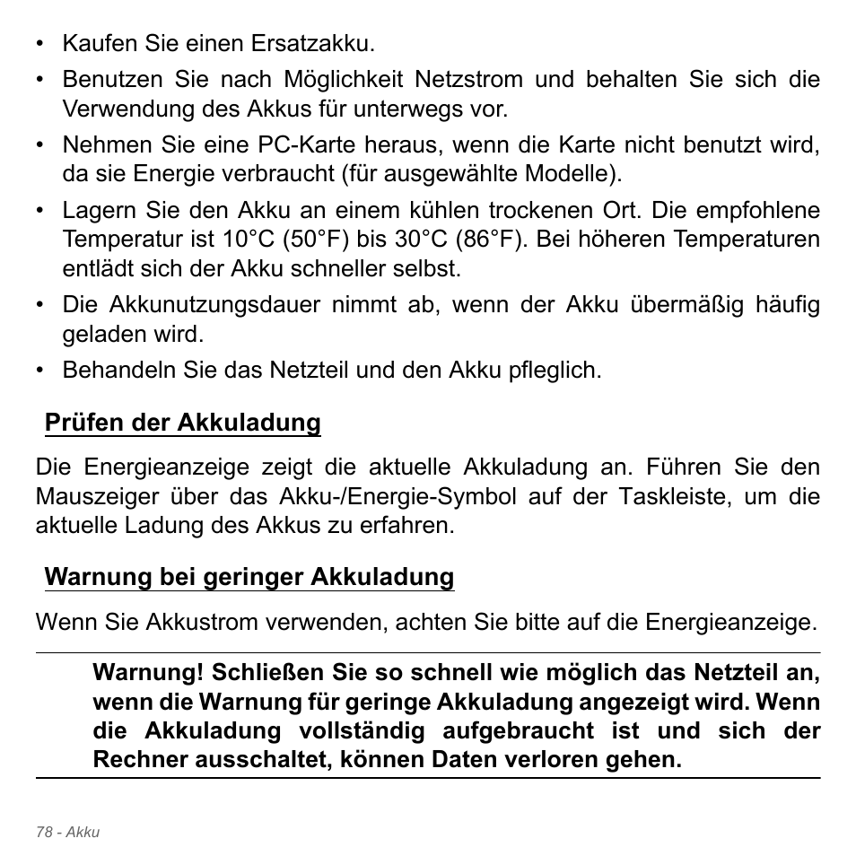 Prüfen der akkuladung, Warnung bei geringer akkuladung | Acer Aspire V5-551G User Manual | Page 318 / 3584