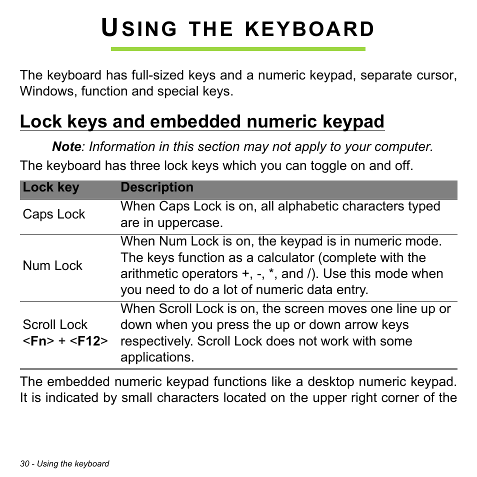 Using the keyboard, Lock keys and embedded numeric keypad, Sing | Keyboard | Acer Aspire V5-551G User Manual | Page 32 / 3584