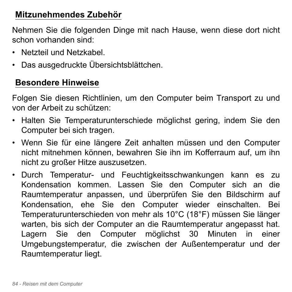 Mitzunehmendes zubehör, Besondere hinweise, Mitzunehmendes zubehör besondere hinweise | Acer Aspire V5-551G User Manual | Page 324 / 3584