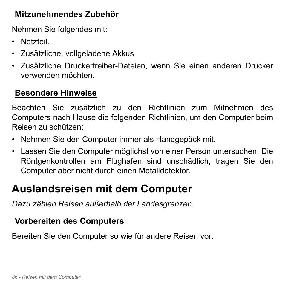 Mitzunehmendes zubehör, Besondere hinweise, Auslandsreisen mit dem computer | Vorbereiten des computers, Mitzunehmendes zubehör besondere hinweise | Acer Aspire V5-551G User Manual | Page 326 / 3584