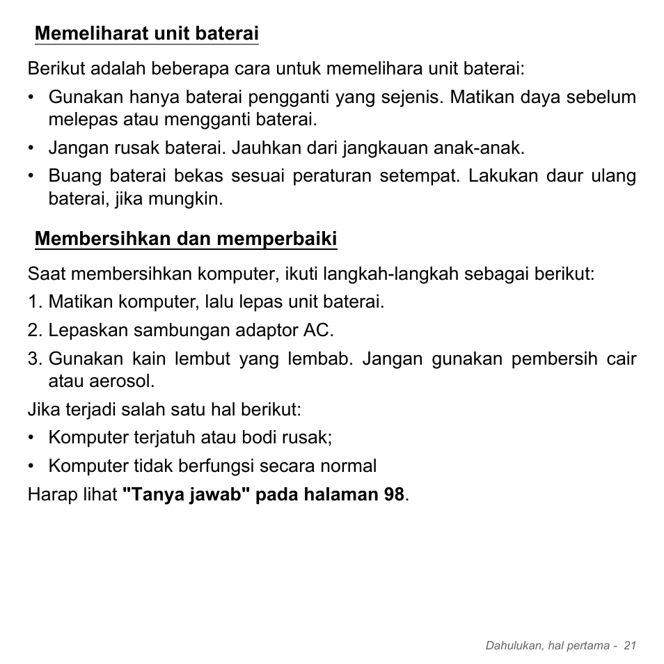 Memeliharat unit baterai, Membersihkan dan memperbaiki | Acer Aspire V5-551G User Manual | Page 3369 / 3584