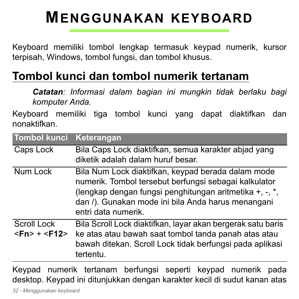 Menggunakan keyboard, Tombol kunci dan tombol numerik tertanam, Enggunakan | Keyboard | Acer Aspire V5-551G User Manual | Page 3380 / 3584