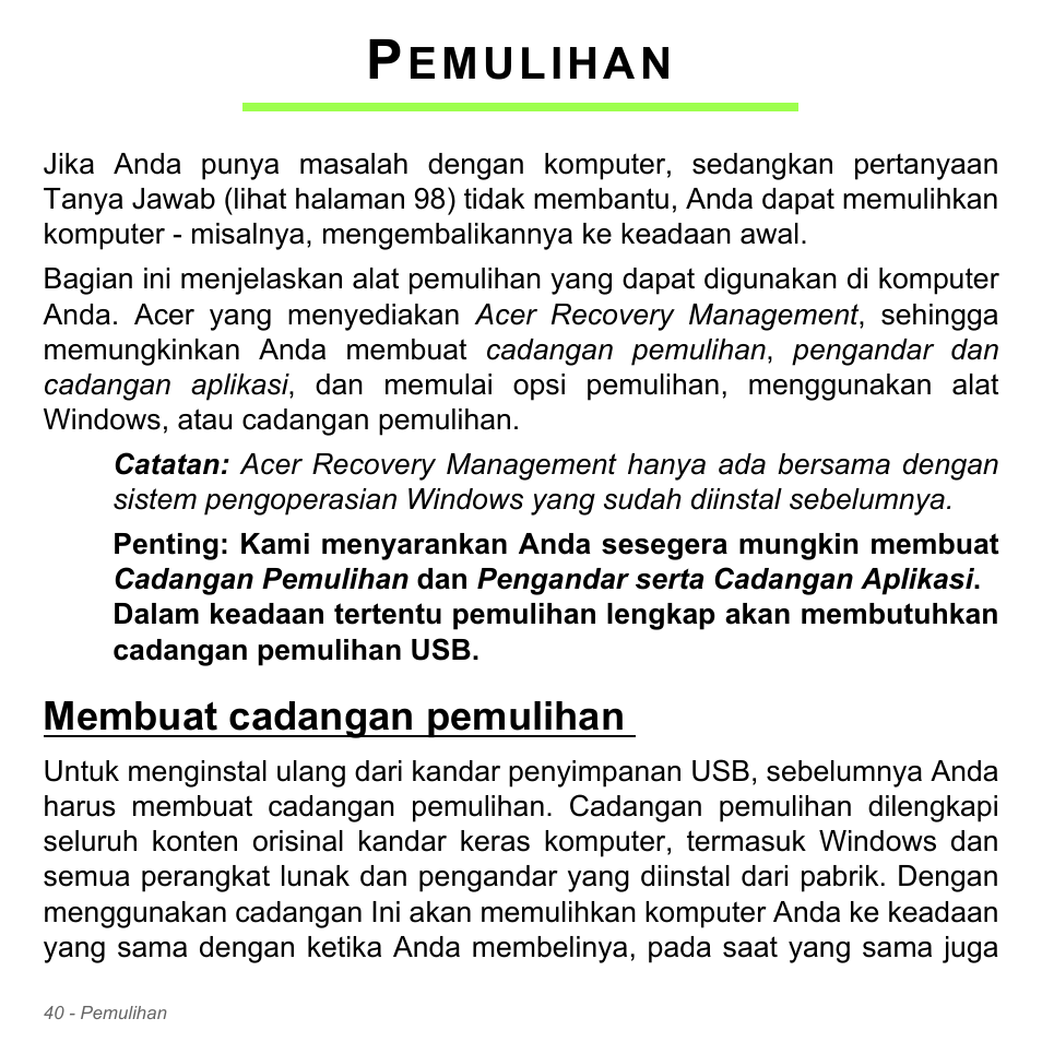 Pemulihan, Membuat cadangan pemulihan, Emulihan | Acer Aspire V5-551G User Manual | Page 3388 / 3584