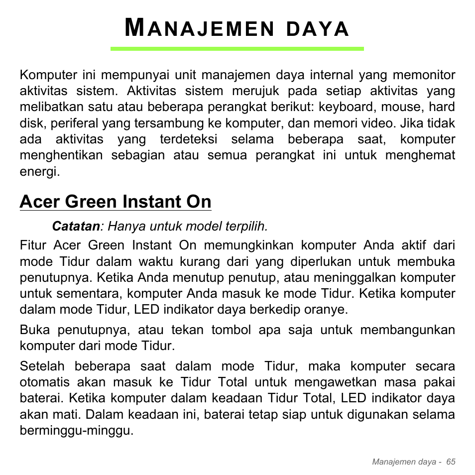 Manajemen daya, Acer green instant on, Anajemen | Daya | Acer Aspire V5-551G User Manual | Page 3413 / 3584