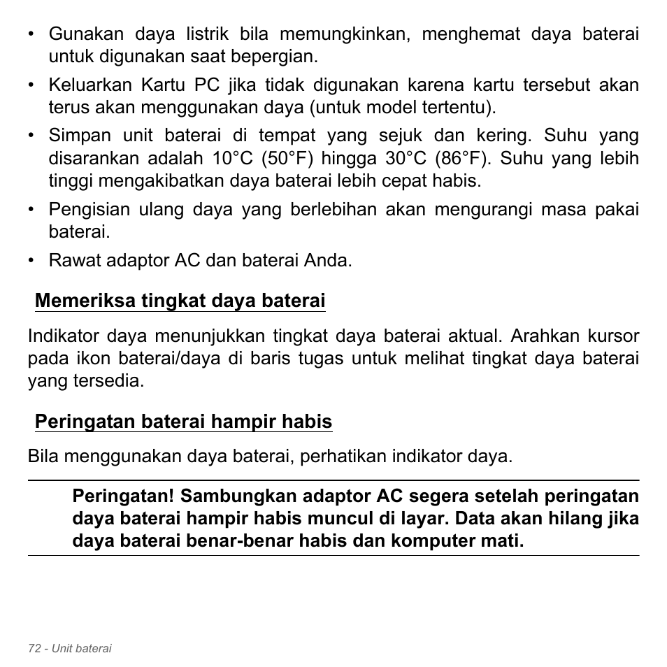 Memeriksa tingkat daya baterai, Peringatan baterai hampir habis | Acer Aspire V5-551G User Manual | Page 3420 / 3584