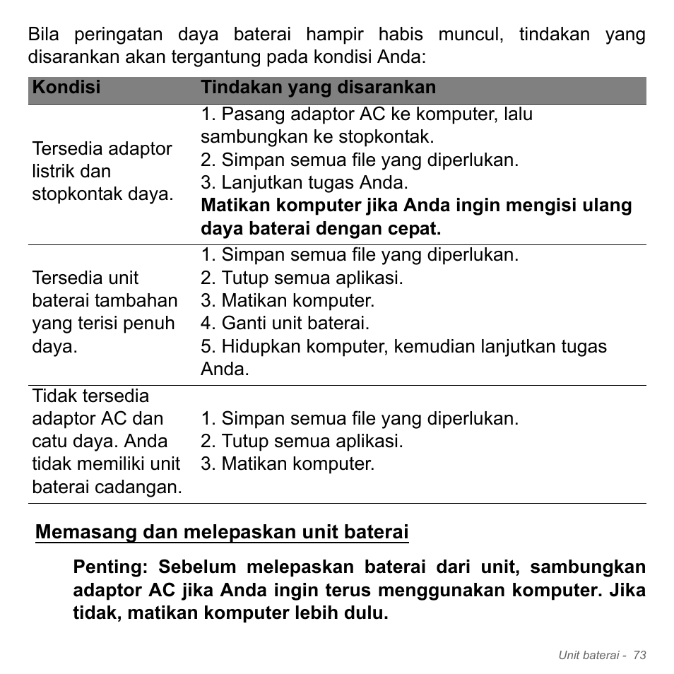 Memasang dan melepaskan unit baterai, Memasang dan melepaskan unit baterai . 73 | Acer Aspire V5-551G User Manual | Page 3421 / 3584