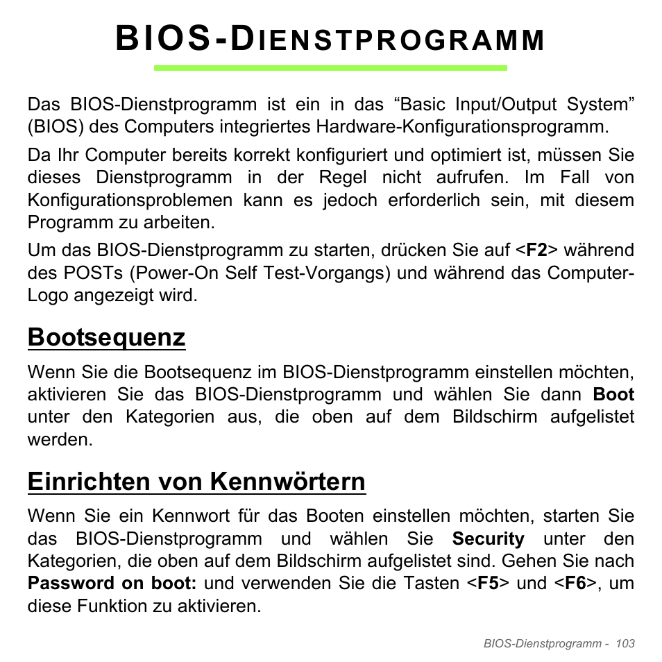 Bios-dienstprogramm, Bootsequenz, Einrichten von kennwörtern | Bios-d, Ienstprogramm | Acer Aspire V5-551G User Manual | Page 343 / 3584