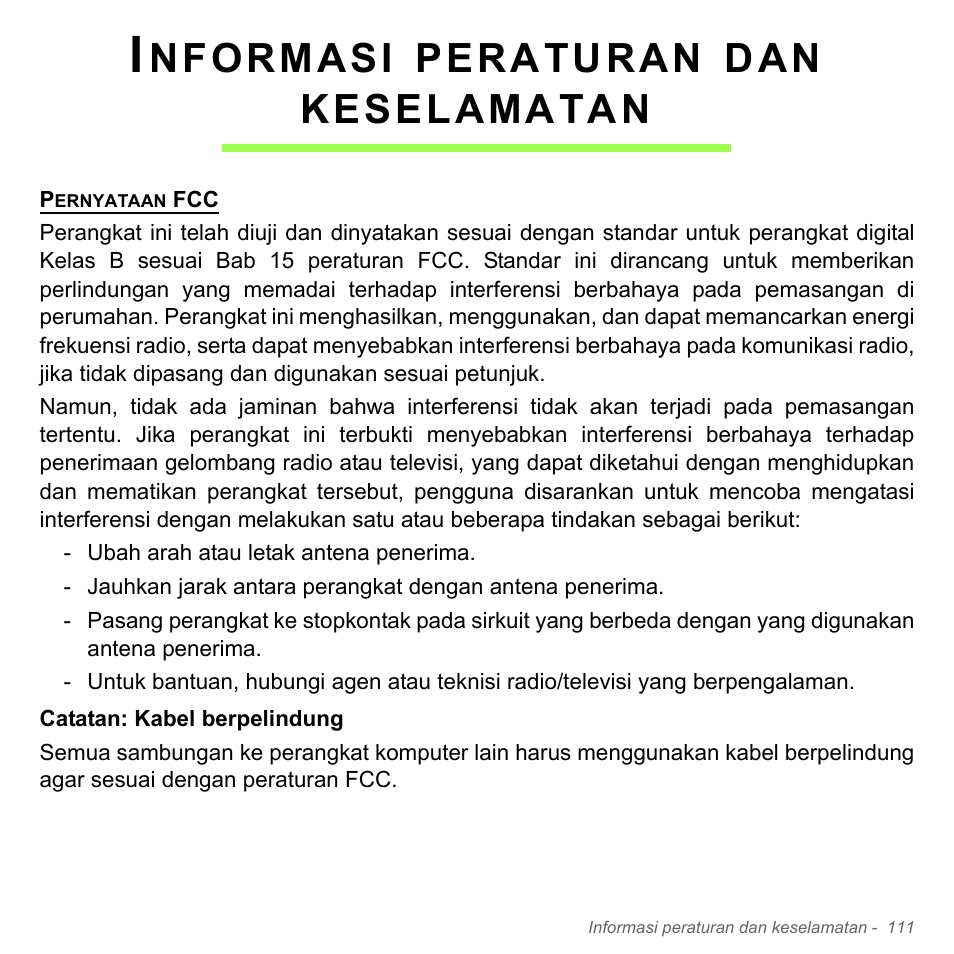 Informasi peraturan dan keselamatan, Nformasi, Peraturan | Keselamatan | Acer Aspire V5-551G User Manual | Page 3459 / 3584