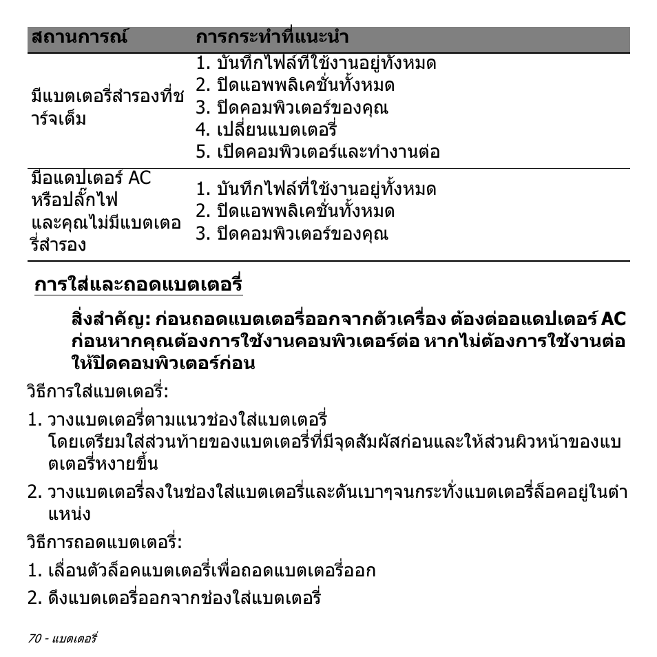 การใส่และถอดแบตเตอร, การใสและถอดแบตเตอร | Acer Aspire V5-551G User Manual | Page 3538 / 3584