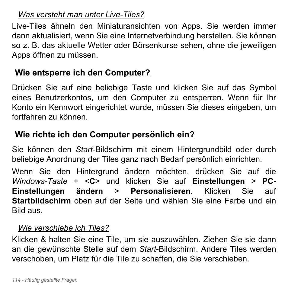 Wie entsperre ich den computer, Wie richte ich den computer persönlich ein | Acer Aspire V5-551G User Manual | Page 354 / 3584